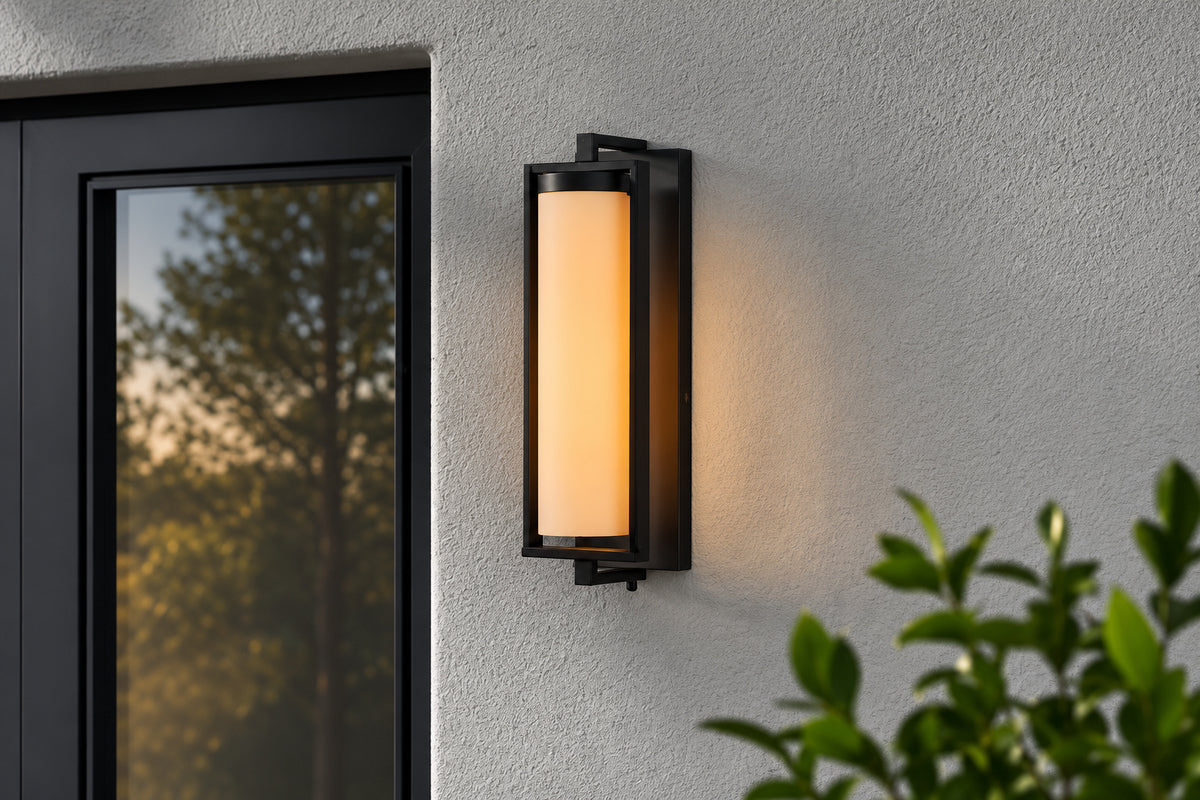 Hampton Bay Libby 16 37 in 1 Light Medium Matte Black Transitional Outdoor Wall Lantern with Opal Glass Shade 1048HBMBDI