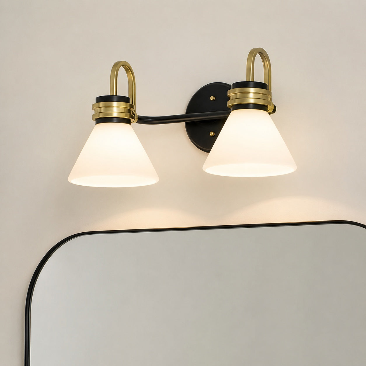 KICHLER Farum 19 25 in 2 Light Black with Champagne Bronze Modern Bathroom Vanity Light with Opal Glass Shades 55154BK