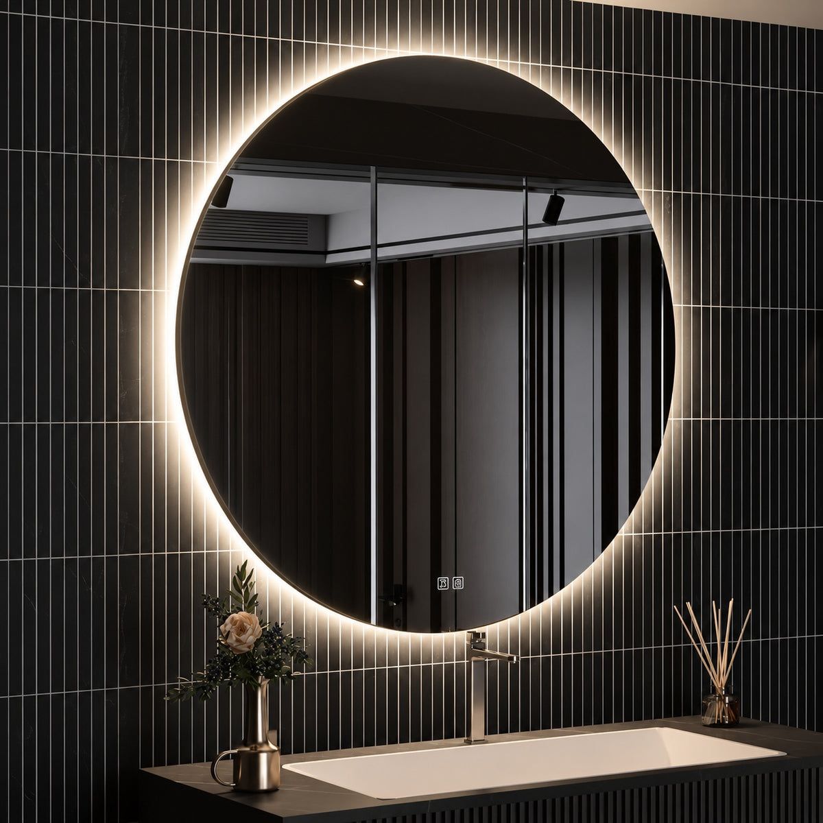 HOMEIBRO 40 in W x 40 in H Round Frameless LED Light with 3 Color and Anti Fog Wall Mounted Bathroom Vanity Mirror