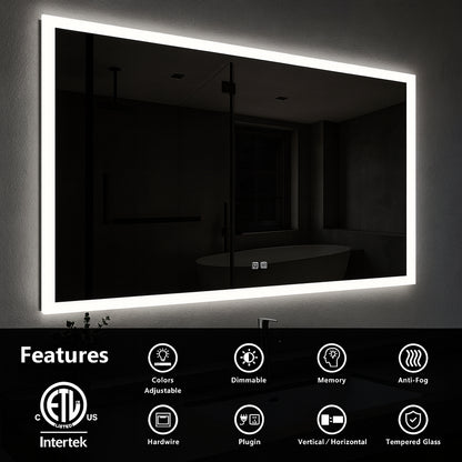 HOMEIBRO 48 in. W x 24 in. H Rectangular Frameless LED Light with 3-Color and Anti-Fog Wall Mounted Bathroom Vanity Mirror