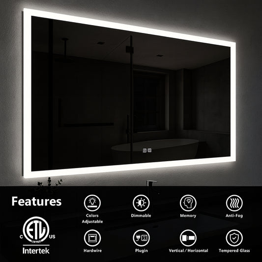 HOMEIBRO 48 in. W x 24 in. H Rectangular Frameless LED Light with 3-Color and Anti-Fog Wall Mounted Bathroom Vanity Mirror