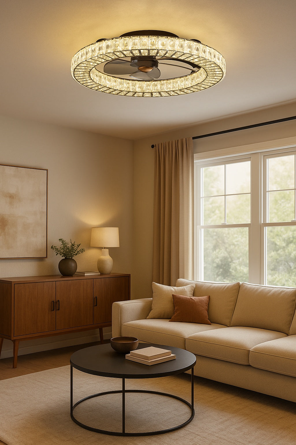 22 in. LED Indoor White Crystal Ceiling Fan with Modern Light White Flush Mount Fan for Bedroom CA00001103
