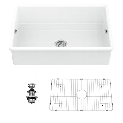 Fulorni 32 in. Undermount Single Bowl Ceramic Kitchen Sink with Strainer and Bottom Grid