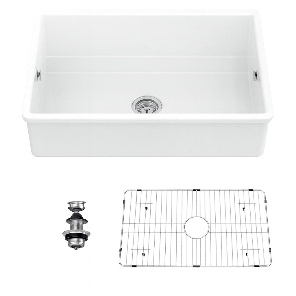 LORDEAR 32 in Undermount Single Bowl Ceramic Kitchen Sink with Strainer and Bottom Grid