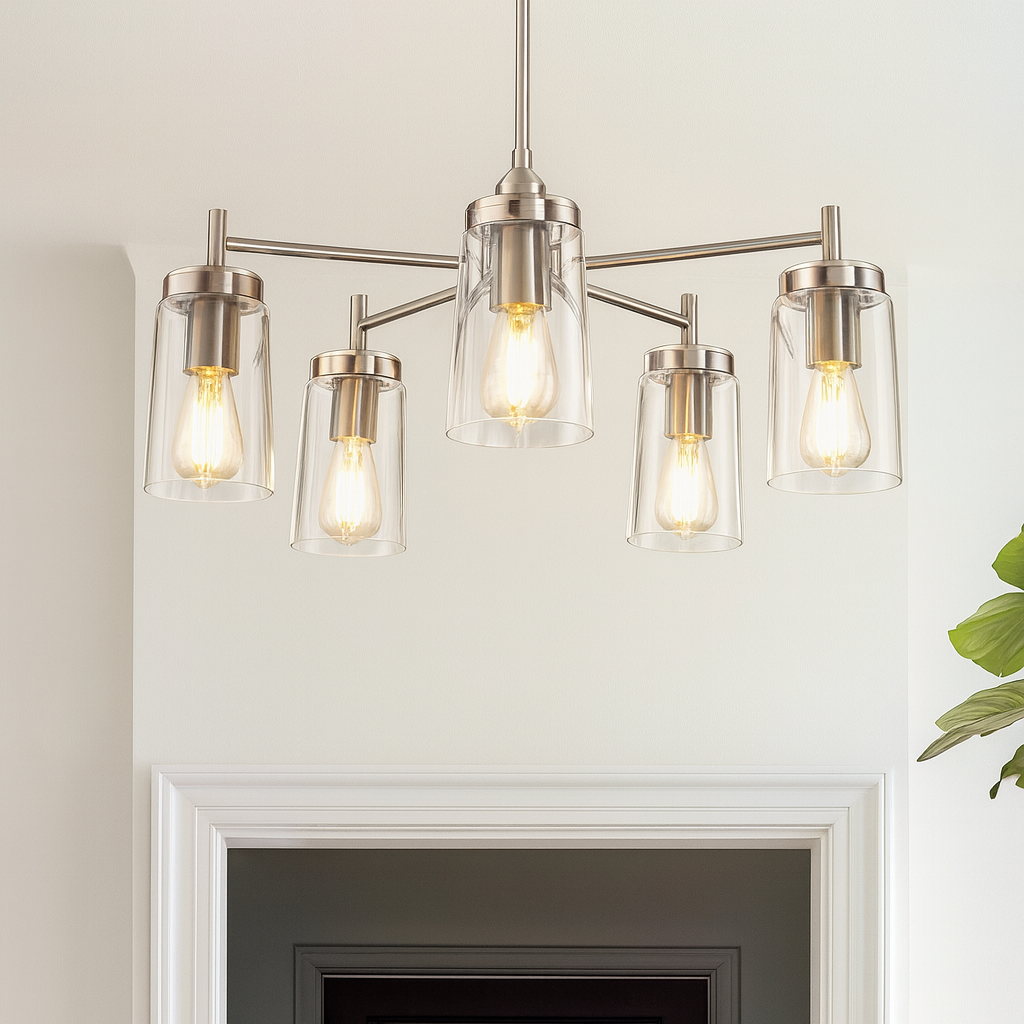 YANSUN 5-Light Nickel Pendant Light with Clear Glass Shades - Adjustable Chandelier for Dining Room, Kitchen, or Foyer