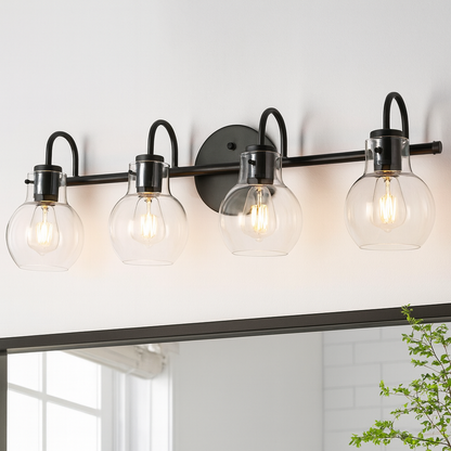 Modern Industrial 28.5 in. 4-Light Black Bath Vanity Light with Clear Globe Glass Shades Powder Room Wall Sconce