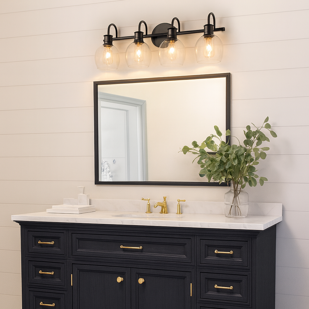 Modern Industrial 28.5 in. 4-Light Black Bath Vanity Light with Clear Globe Glass Shades Powder Room Wall Sconce