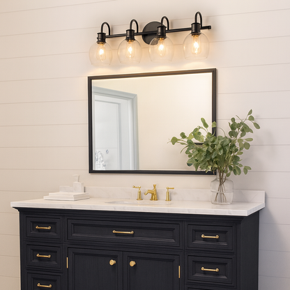 Modern Industrial 28.5 in. 4-Light Black Bath Vanity Light with Clear Globe Glass Shades Powder Room Wall Sconce