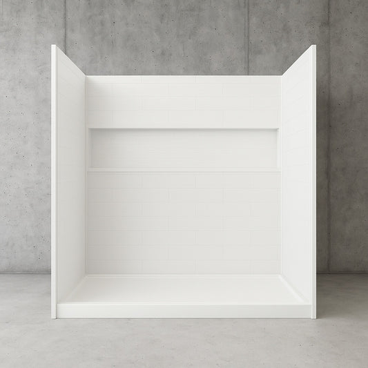 NexTile 32 in. D x 60 in. W x 60 in. H Composite Direct-to-Stud Four-Piece Alcove Subway Tile Tub Wall Kit in White