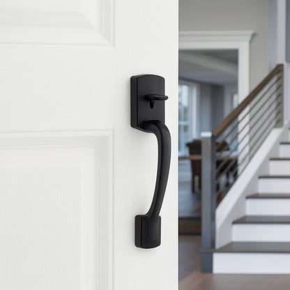 Kwikset Prague Matte Black Entry Door Handle Only with Pismo Round Door Knob