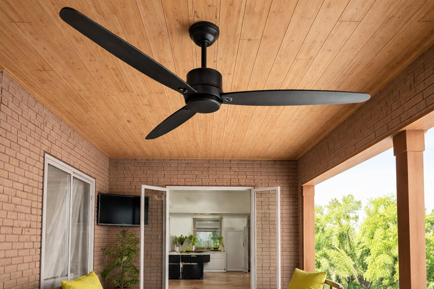 Indoor Outdoor Use 60 in Black 3 Wooden Blade Propeller Ceiling Fan with Remote Control 6 Speed Adjustable DC Motor
