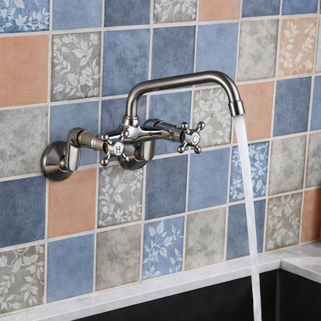 SUMERAIN Double Handles Wall Mount Standard Kitchen Faucet in Brushed Nickel