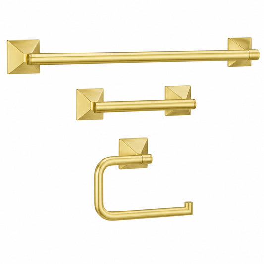 Pfister Bruxie 3 Piece Bath Hardware Set with 18 in Wall Mount Single Towel Bar Paper Holder and Towel Ring in Brushed Gold