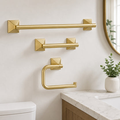 Pfister Bruxie 3 Piece Bath Hardware Set with 18 in Wall Mount Single Towel Bar Paper Holder and Towel Ring in Brushed Gold
