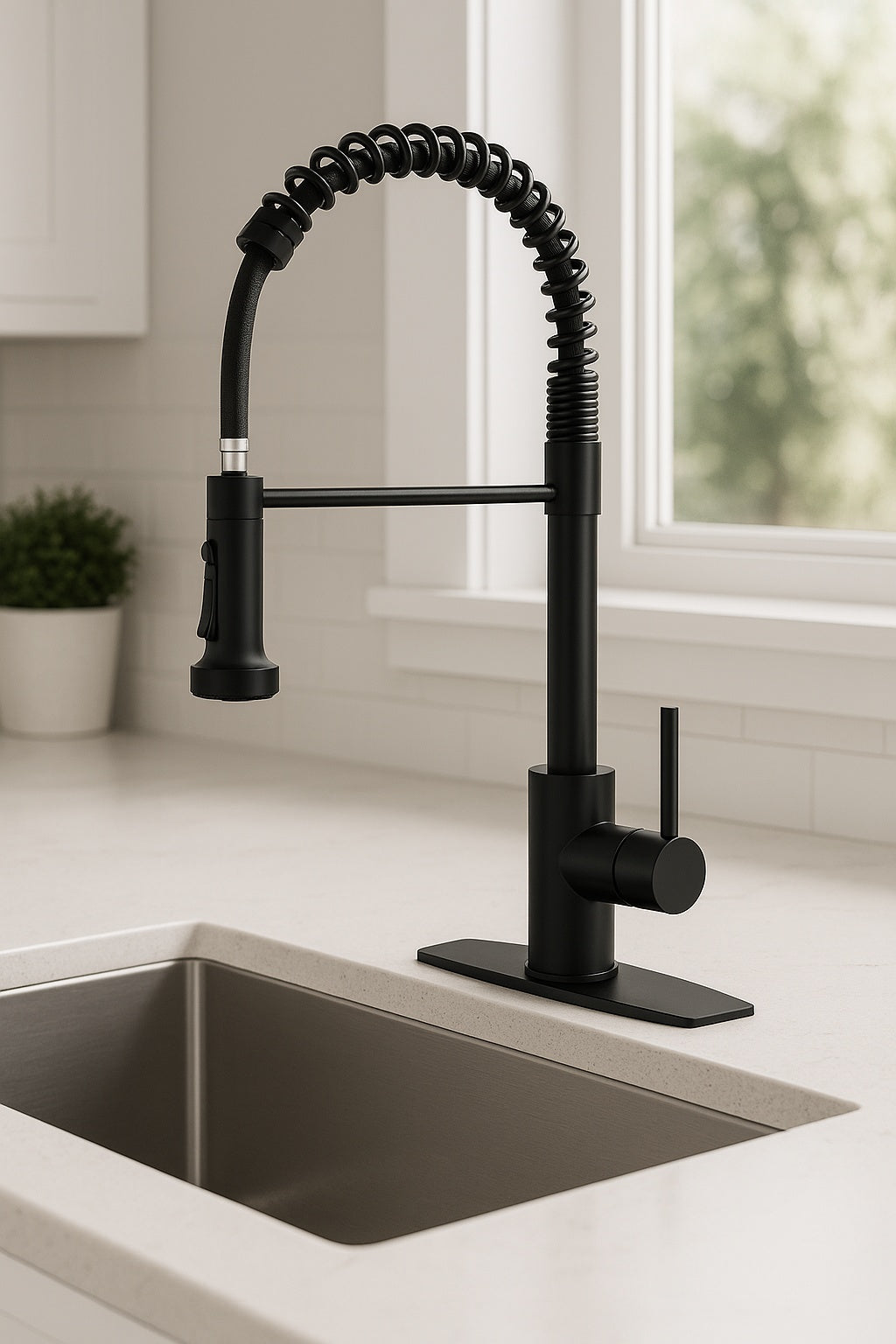 Single Handle Pull Down Sprayer Kitchen Faucet with Deckplate and Spring Neck Pull Out Swivel Spout in Matte Black