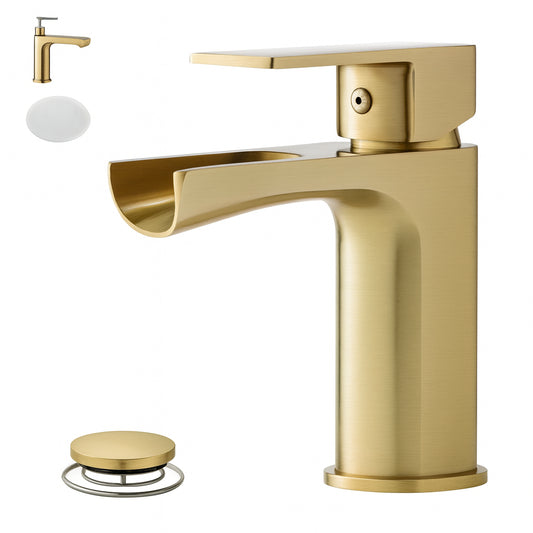 BWE Waterfall Single Handle Single Hole Low-Arc Modern Bathroom Faucet Bathroom Drip-Free Vanity Sink Faucet in Brushed Gold