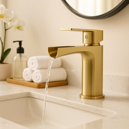 BWE Waterfall Single Handle Single Hole Low-Arc Modern Bathroom Faucet Bathroom Drip-Free Vanity Sink Faucet in Brushed Gold
