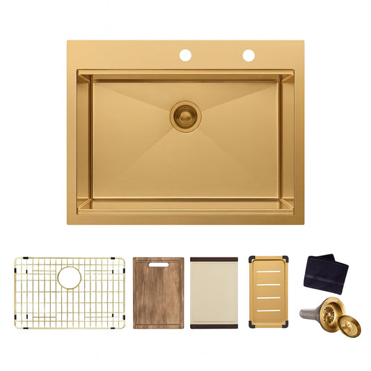 Glacier Bay 33 in. Drop In Single Bowl 18-Gauge Gold Stainless Steel Workstation Kitchen Sink with Spring Neck Faucet