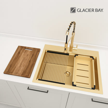 Glacier Bay 33 in. Drop In Single Bowl 18-Gauge Gold Stainless Steel Workstation Kitchen Sink with Spring Neck Faucet
