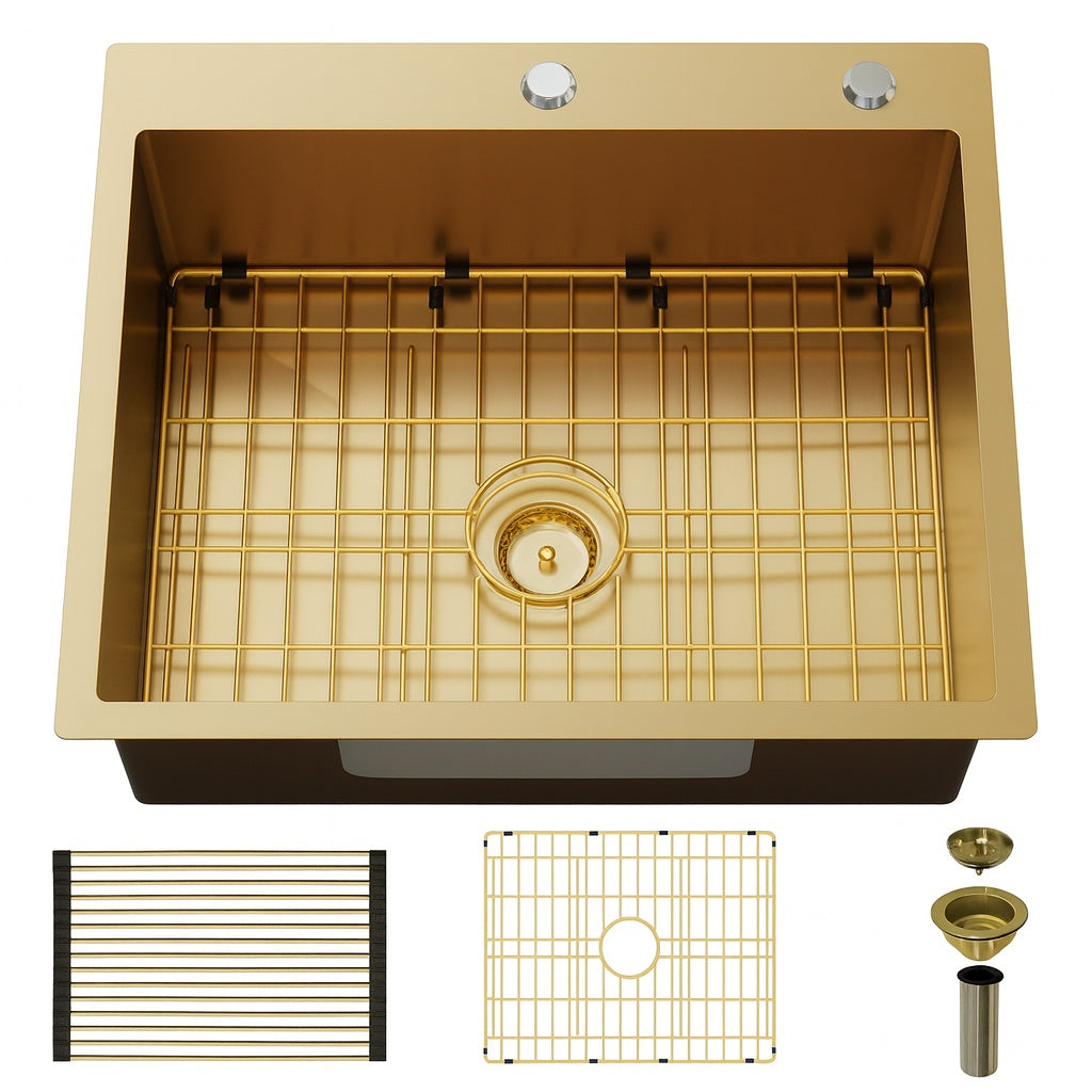 Glacier Bay 25 in. Drop-In Single Bowl 18-Gauge Gold Stainless Steel Kitchen Sink with Spring Neck Faucet