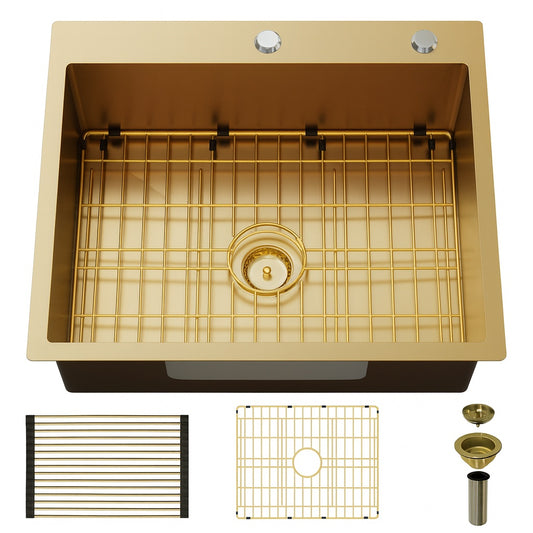 Glacier Bay 25 in. Drop-In Single Bowl 18-Gauge Gold Stainless Steel Kitchen Sink with Spring Neck Faucet