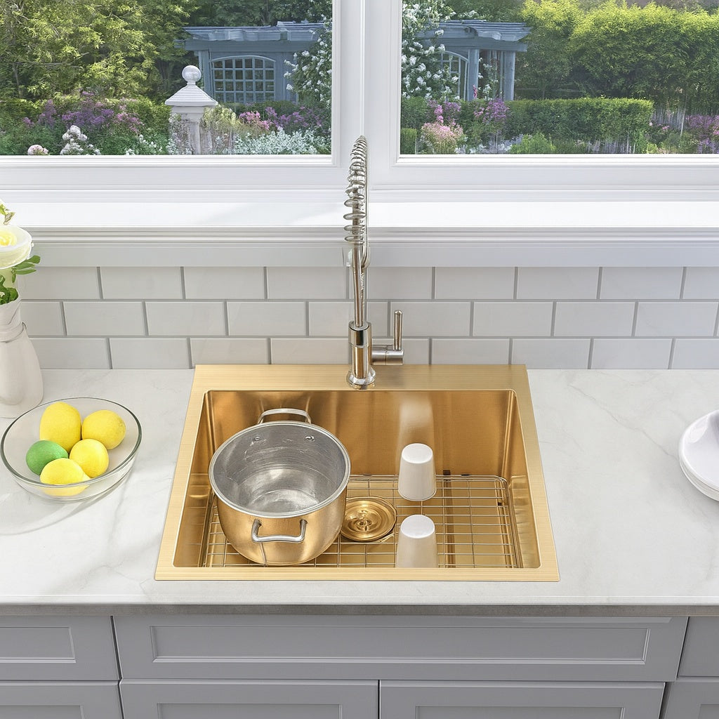 Glacier Bay 25 in. Drop-In Single Bowl 18-Gauge Gold Stainless Steel Kitchen Sink with Spring Neck Faucet