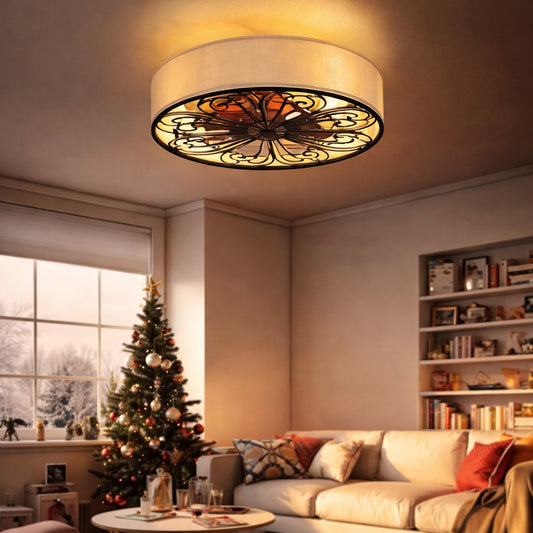 TOZING 19 6 in Indoor Bronze Low Profile Fabric Farmhouse Caged Enclosed Flush Mount Ceiling Fan with Light Kit and Remote
