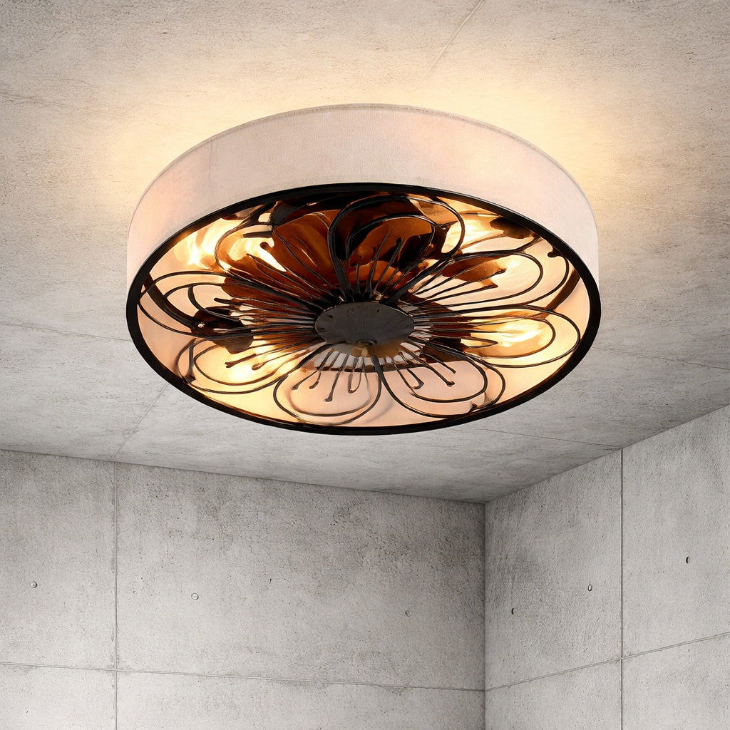 TOZING 19 6 in Indoor Bronze Low Profile Fabric Farmhouse Caged Enclosed Flush Mount Ceiling Fan with Light Kit and Remote
