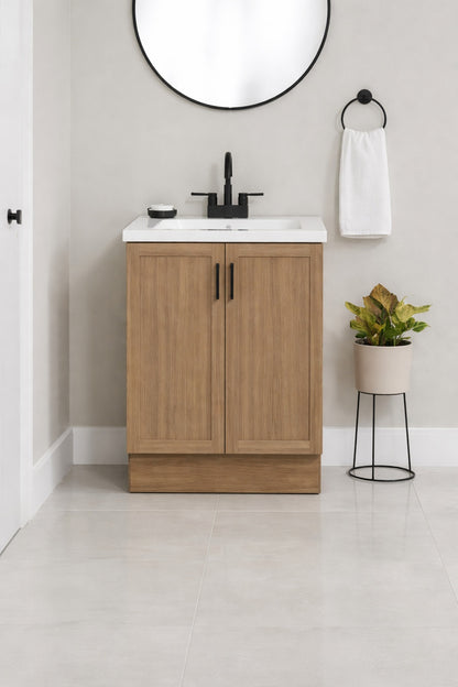 Glacier Bay Fonthill 24 5 in W x 18 75 in D x 32 89 in H Single Sink Bath Vanity in Sand Elm with White Cultured Marble Top