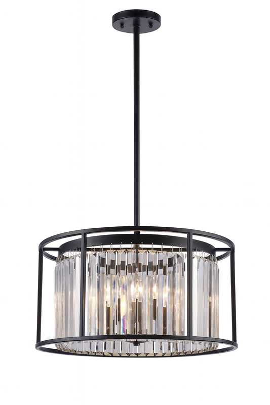 Hampton Bay Briarleigh 5-Light Black and Crystal Pendant Light Fixture with Hanging Crystal Panel Drum Shade