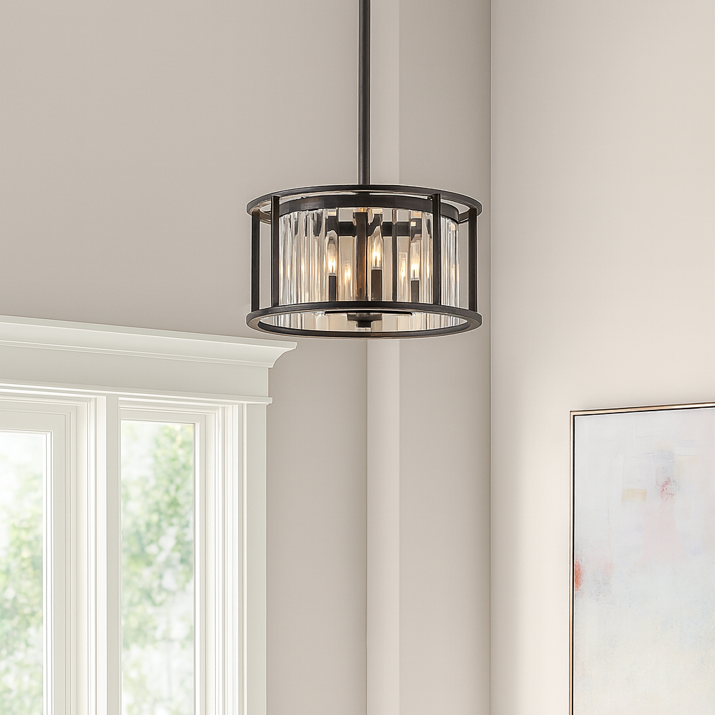 Hampton Bay Briarleigh 5-Light Black and Crystal Pendant Light Fixture with Hanging Crystal Panel Drum Shade