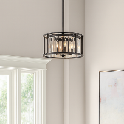 Hampton Bay Briarleigh 5-Light Black and Crystal Pendant Light Fixture with Hanging Crystal Panel Drum Shade