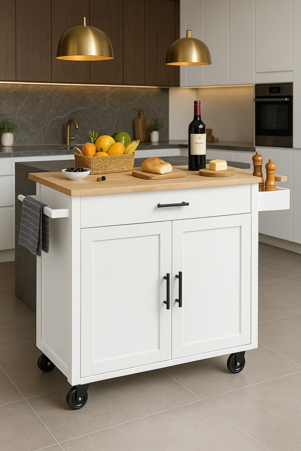 Kitchen Island Cart Top 35.4 in. W Mobile Carts with Storage Cabinet Rolling Kitchen Carts White 840349903187 VEVOR