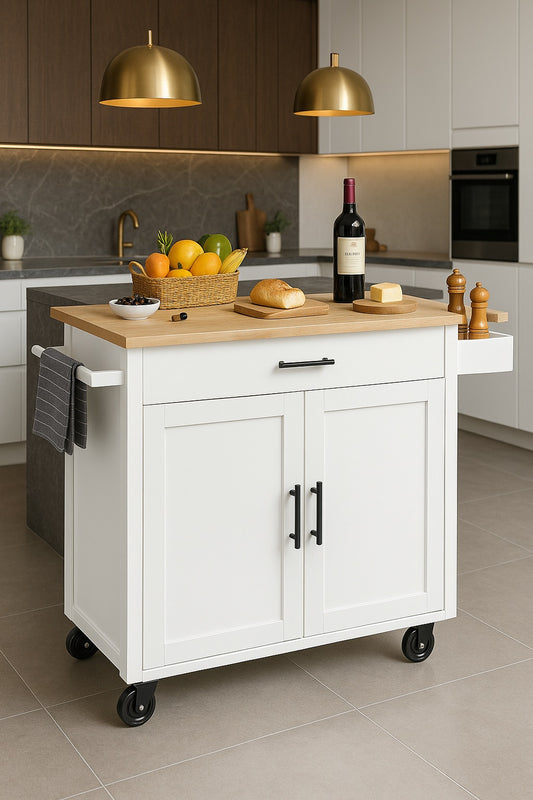 Kitchen Island Cart Top 35.4 in. W Mobile Carts with Storage Cabinet Rolling Kitchen Carts White 840349903187 VEVOR