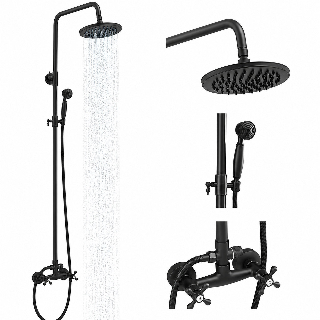 BWE 2 Spray Outdoor Wall Bar Shower Kit 8 in Round Rain Shower Head with Hand Shower and 2 Cross Knobs in Matte Black A 98015 B