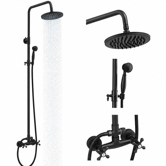 BWE 2 Spray Outdoor Wall Bar Shower Kit 8 in Round Rain Shower Head with Hand Shower and 2 Cross Knobs in Matte Black A 98015 B