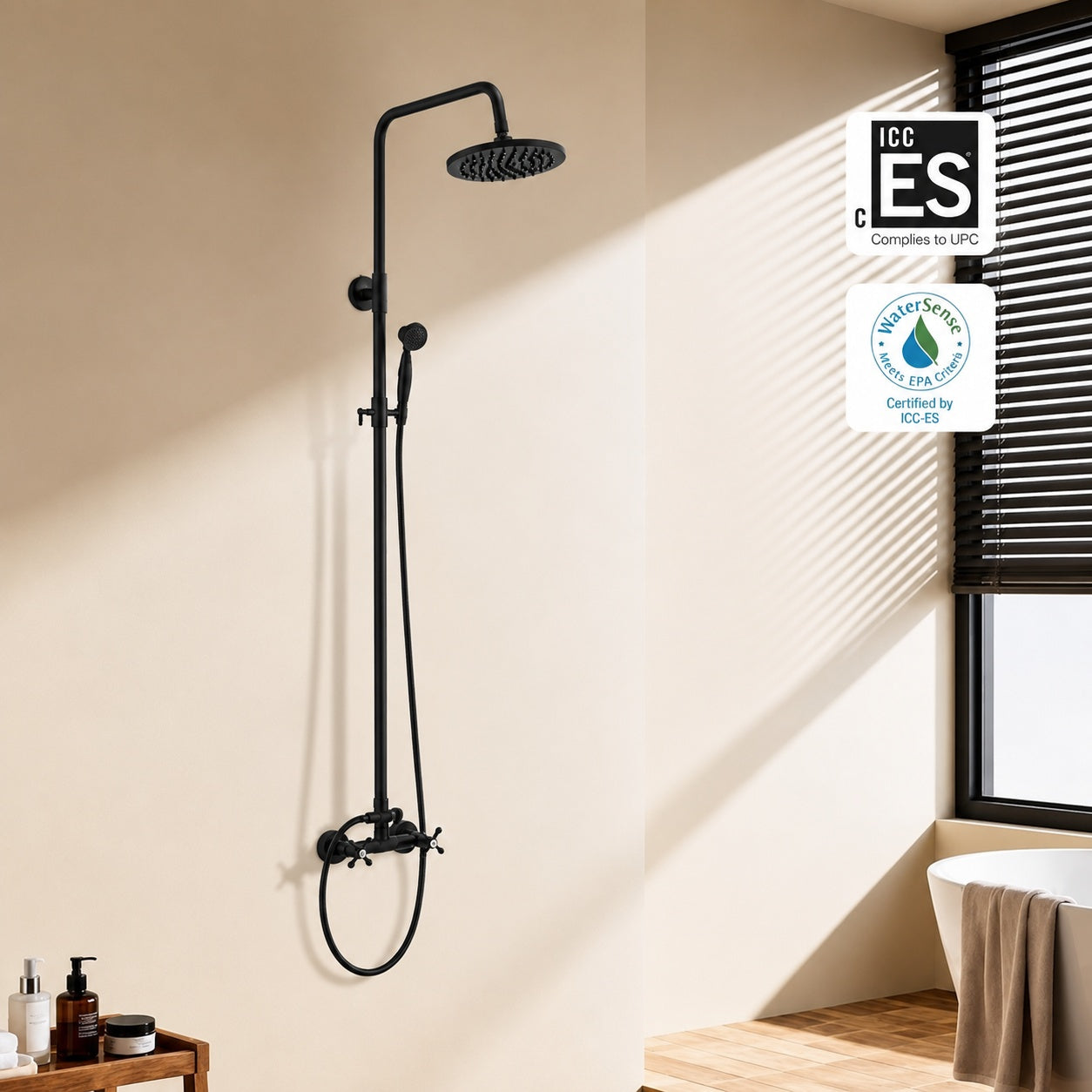 BWE 2 Spray Outdoor Wall Bar Shower Kit 8 in Round Rain Shower Head with Hand Shower and 2 Cross Knobs in Matte Black A 98015 B