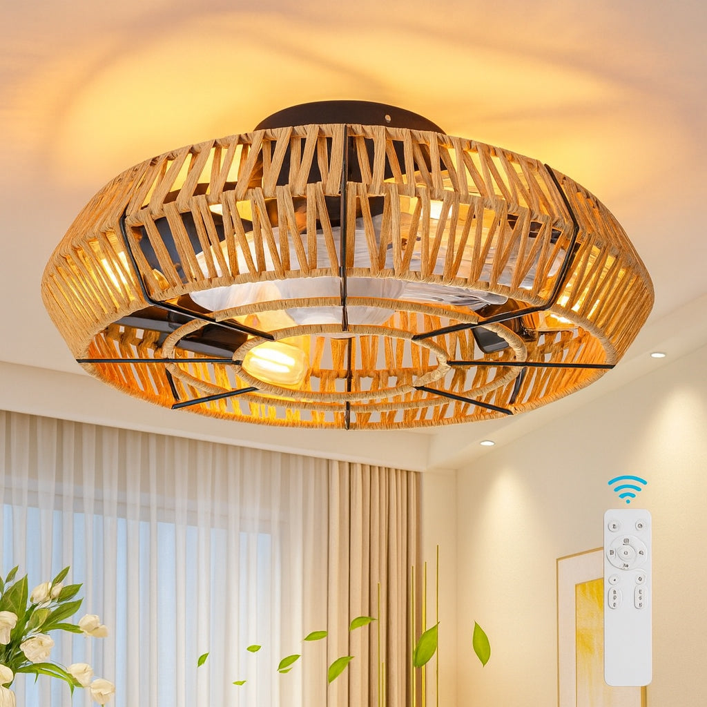 Deyidn 19 69 in Indoor Hemp Rope Ceiling Fan Light Brown with Light Kit and Remote