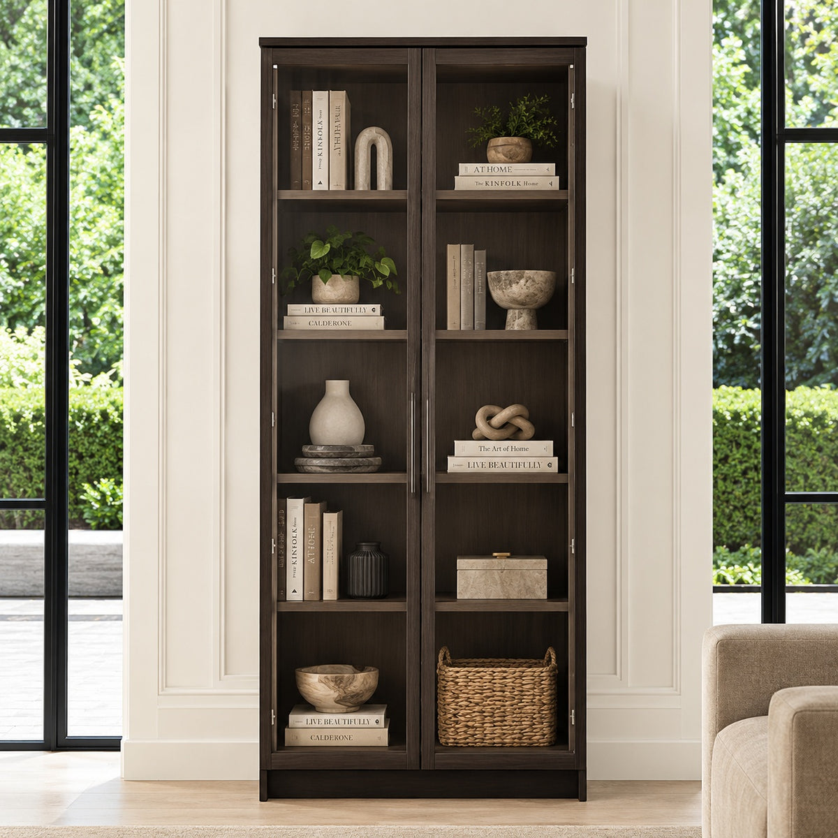 FUFU GAGA Black Wood 31 5 in W Display Cabinet With Pop up Tempered Glass Doors and 3 Color LED Lights KF020373 01