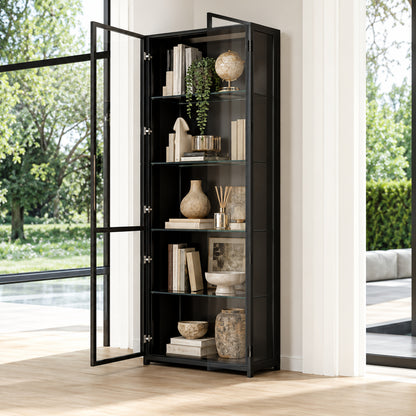 FUFU GAGA Black Wood 31 5 in W Display Cabinet With Pop up Tempered Glass Doors and 3 Color LED Lights KF020373 01