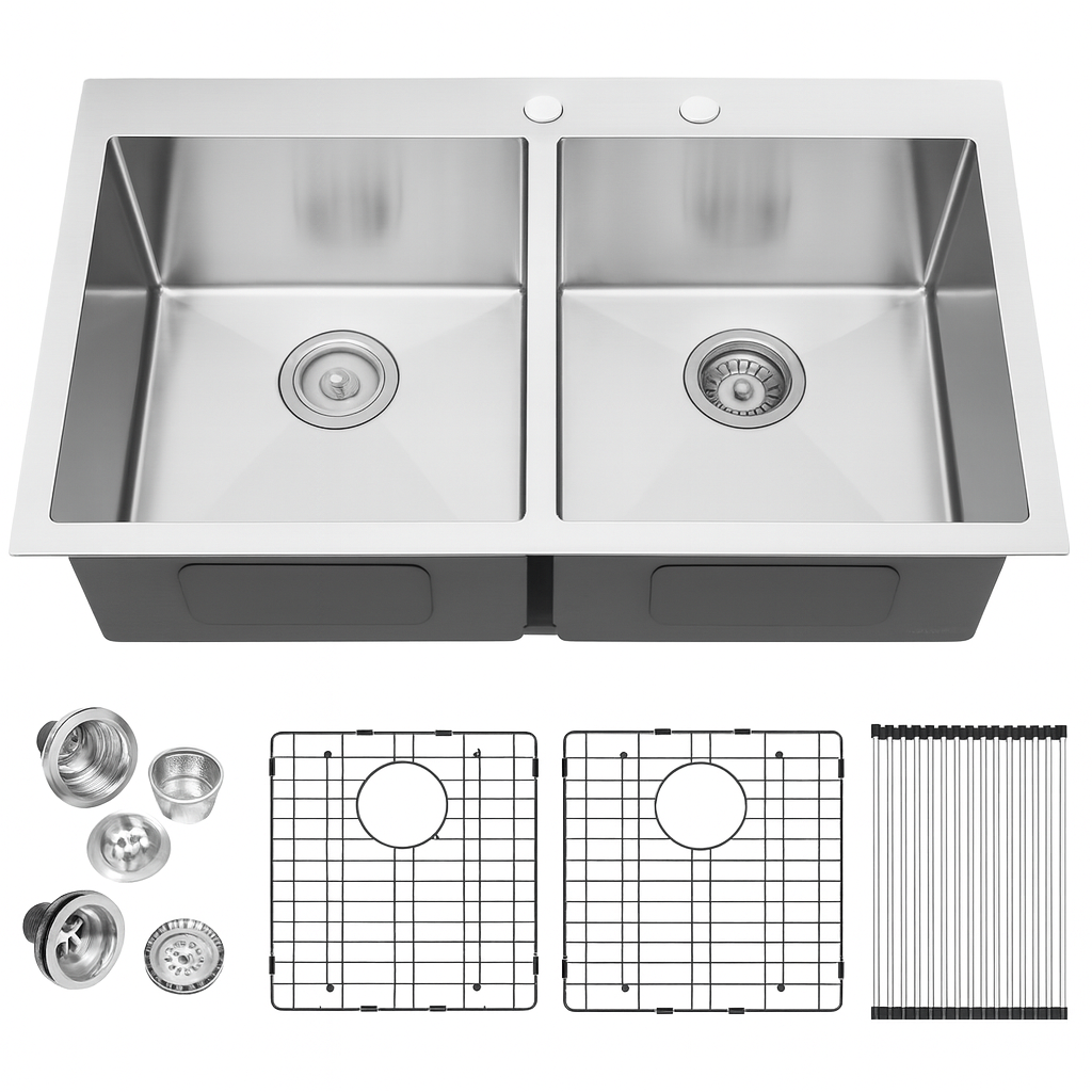 LORDEAR 33 in. Drop in Double Bowl 16-Gauge Stainless Steel Kitchen Sink with Bottom Grids and Strainer