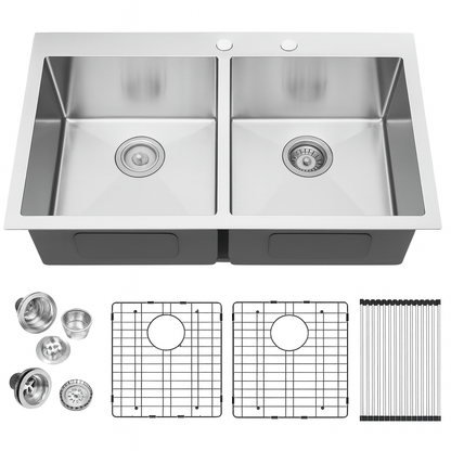 LORDEAR 33 in. Drop in Double Bowl 16-Gauge Stainless Steel Kitchen Sink with Bottom Grids and Strainer
