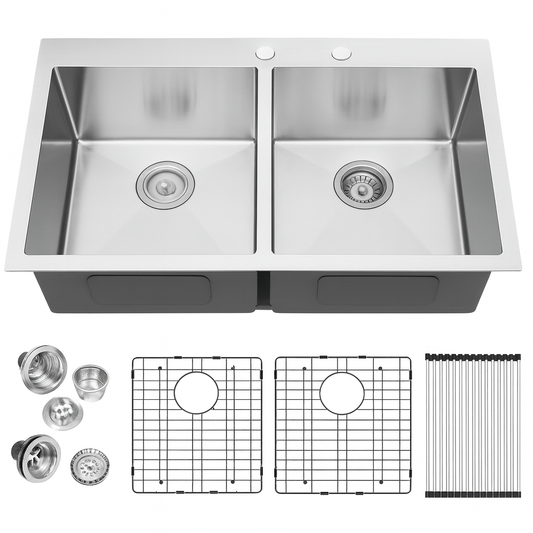 LORDEAR 33 in. Drop in Double Bowl 16-Gauge Stainless Steel Kitchen Sink with Bottom Grids and Strainer