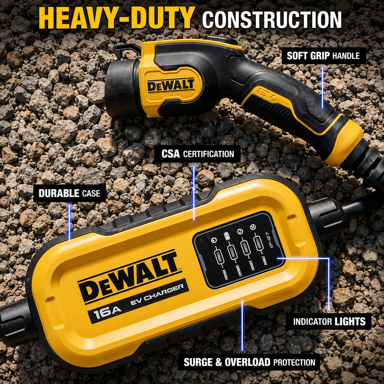 DEWALT Level 2 Portable Electric Vehicle EV Charger up to 16 Amps 120 240 Volt AC 3 8 KW 25 Ft Cable Weatherproof