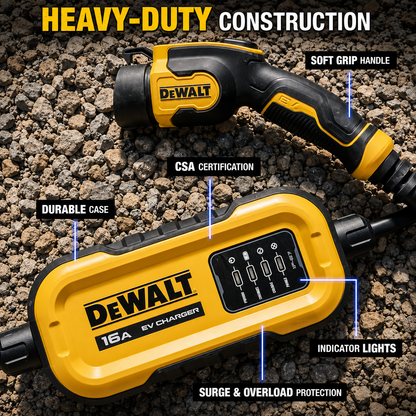 DEWALT Level 2 Portable Electric Vehicle EV Charger up to 16 Amps 120 240 Volt AC 3 8 KW 25 Ft Cable Weatherproof