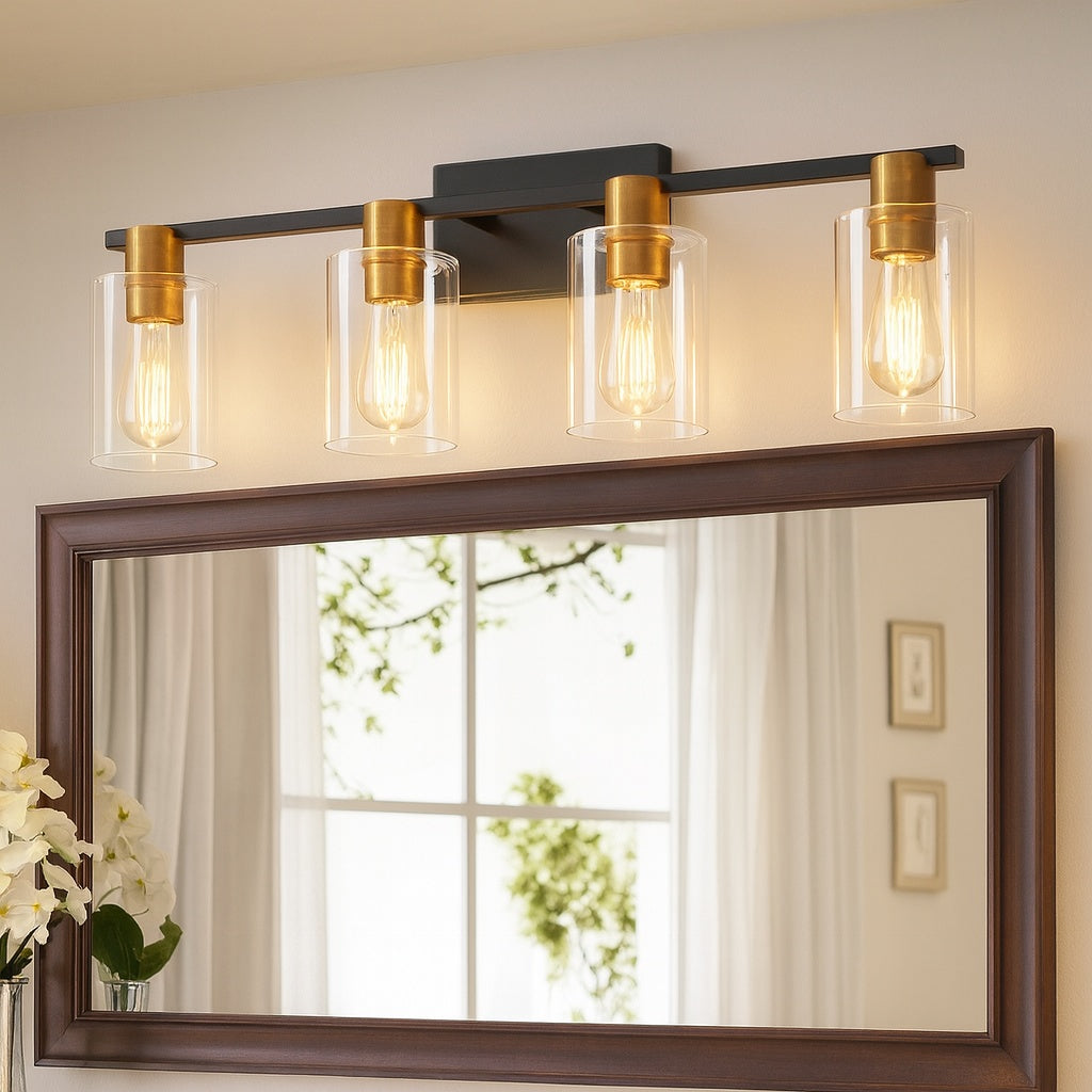 Deyidn 8 46 in 4 Light Black and Gold Modern Industrial Indoor Vanity Light with Clear Glass Shades Bulbs Not Included