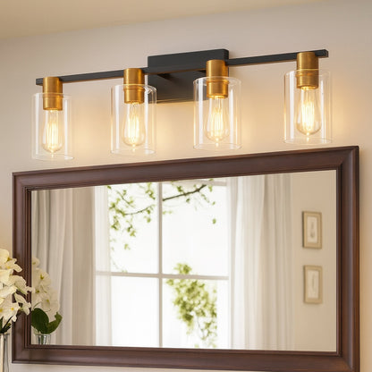 Deyidn 8 46 in 4 Light Black and Gold Modern Industrial Indoor Vanity Light with Clear Glass Shades Bulbs Not Included