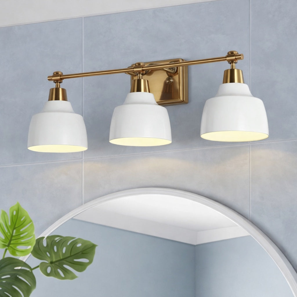 LNC 23 6 in 3 Light Modern White Vanity Light with Plating Gold Rectangle Backplate and Bell Metal Shade for Bathroom