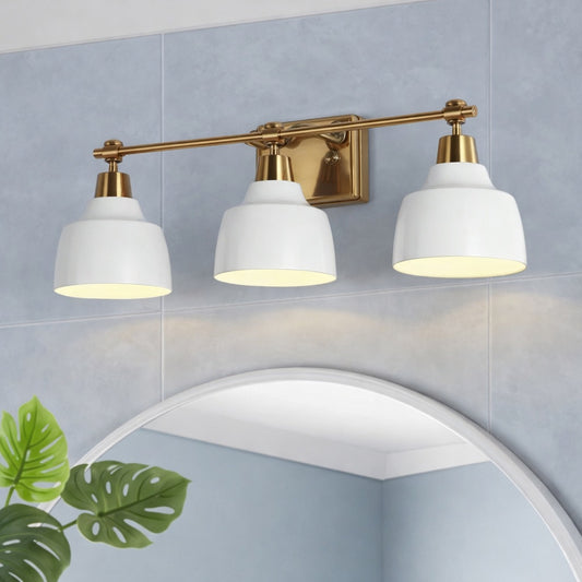 LNC 23 6 in 3 Light Modern White Vanity Light with Plating Gold Rectangle Backplate and Bell Metal Shade for Bathroom