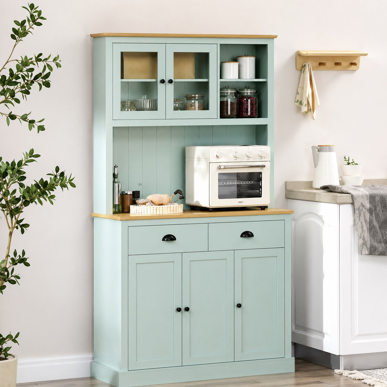 HOMCOM 71 in Light Blue Freestanding Pantry Kitchen Buffet Hutch Microwave Cabinet with Drawers and Adjustable Shelves